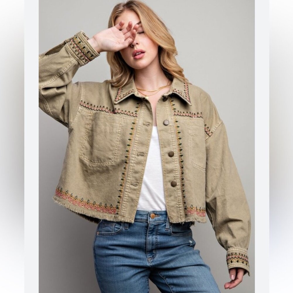 Zara Khaki Beige Embroidered Jean Jacket - SZ L